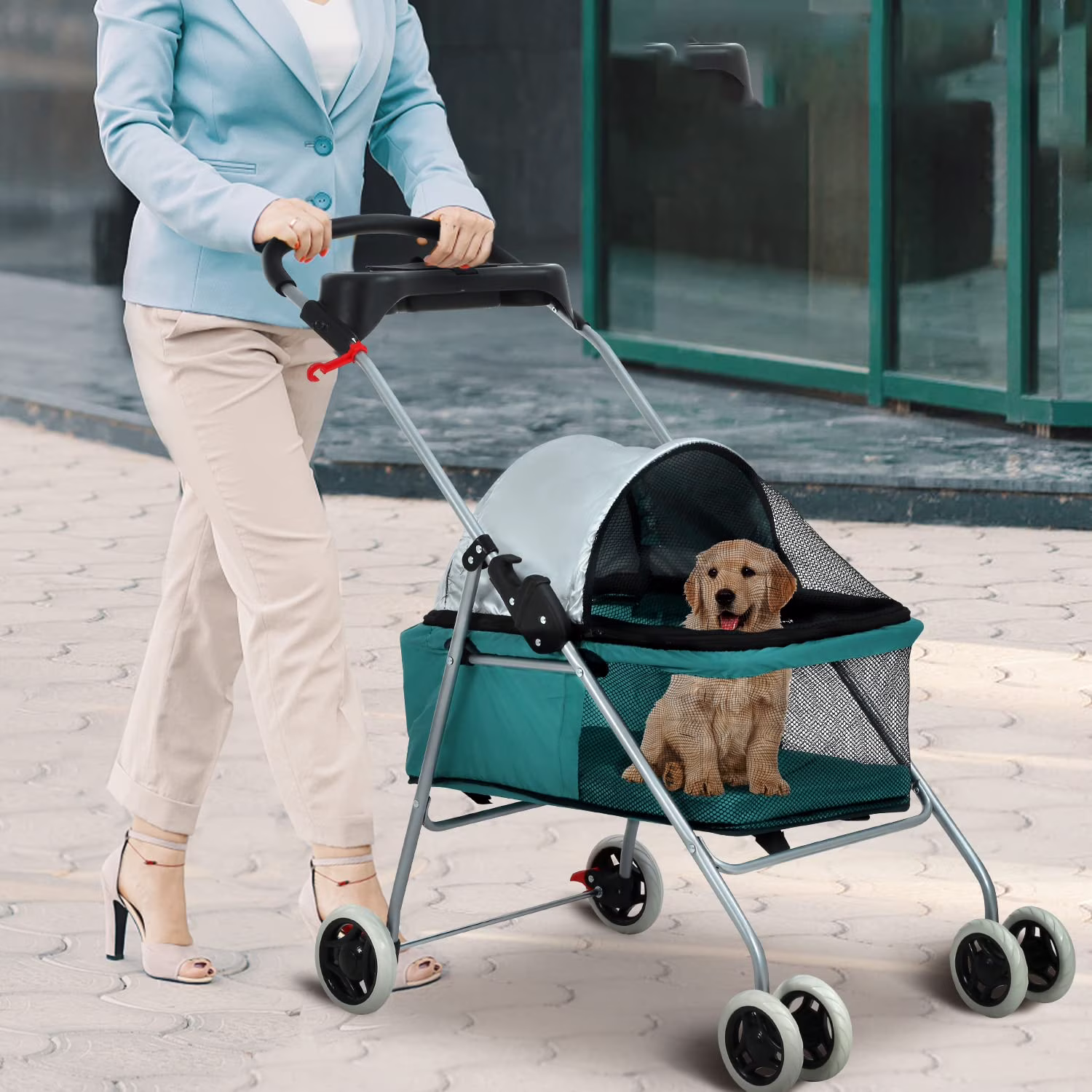 NiamVelo Small and Medium Doggie Carriage Cart, Folding 4-Wheel Dog Stroller with Cup Holders, Portable, Teal