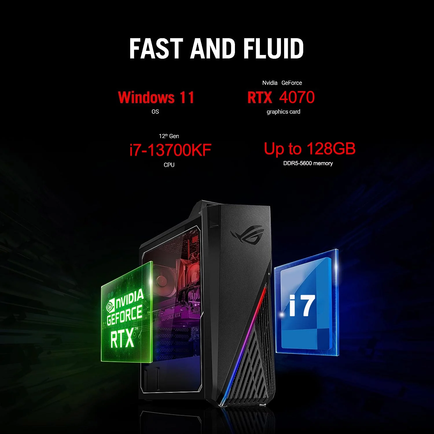 ASUS ROG Gaming Tower Desktop, Intel Core i7-13700KF, NVIDIA GeForce RTX 4070, 32GB DDR5 RAM, 1TB SSD, HDMI, DP Port, Wired KB & Mouse, Wi-Fi 6
