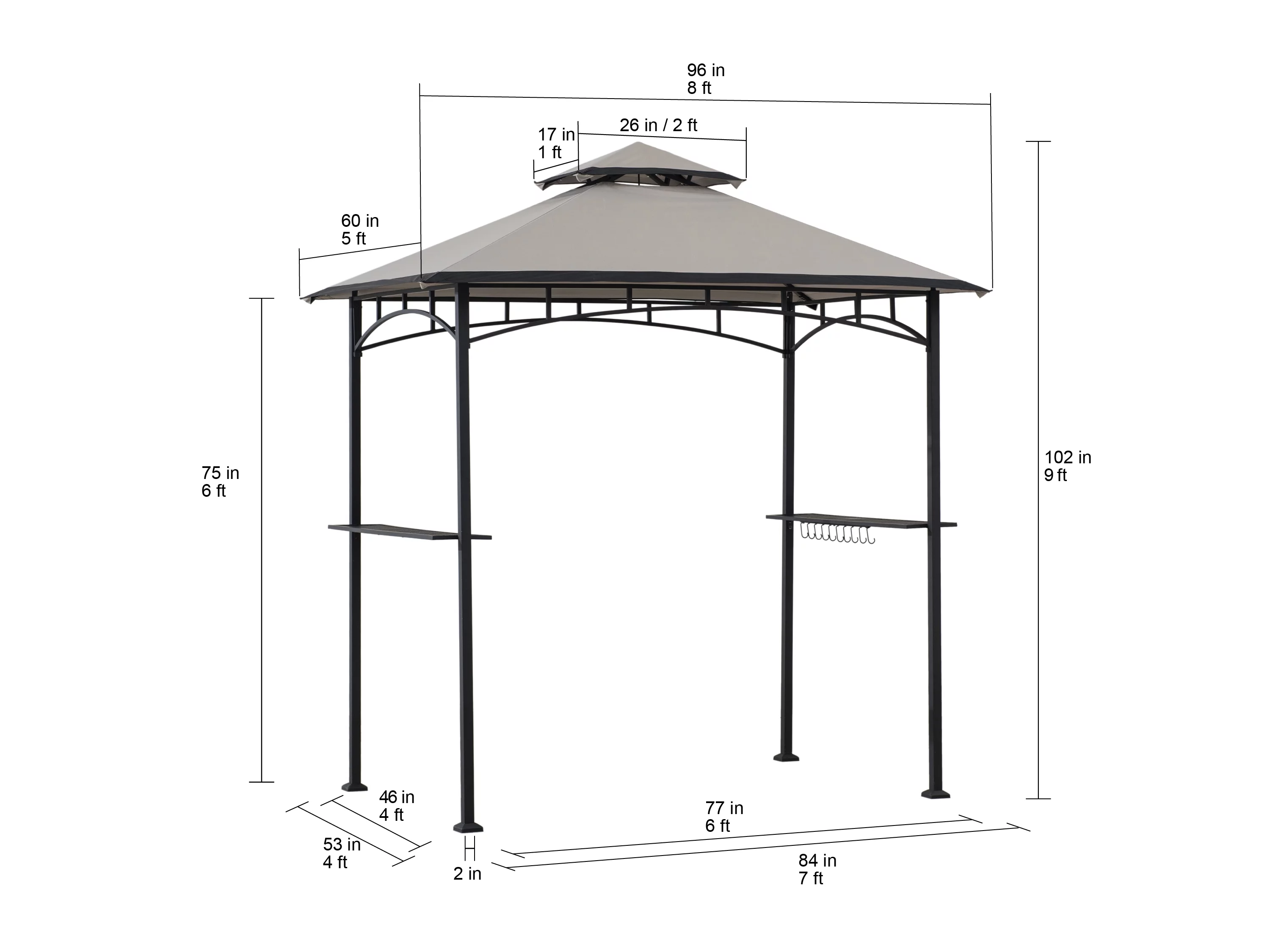 Sunjoy 5 x 8 ft Black Steel Frame Double Tiered Canopy Grill Gazebo for Outdoor, Patio, Garden, and Backyard Activities,Gray and Black