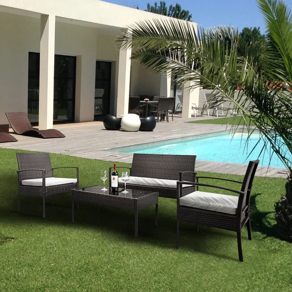 Patio Furniture Set ON SALE, Seizeen 4 Pieces Outdoor Rattan Patio Conversation Set, Cushioned Sofa and Coffee Table Deck Porch Furniture for 4, Brown