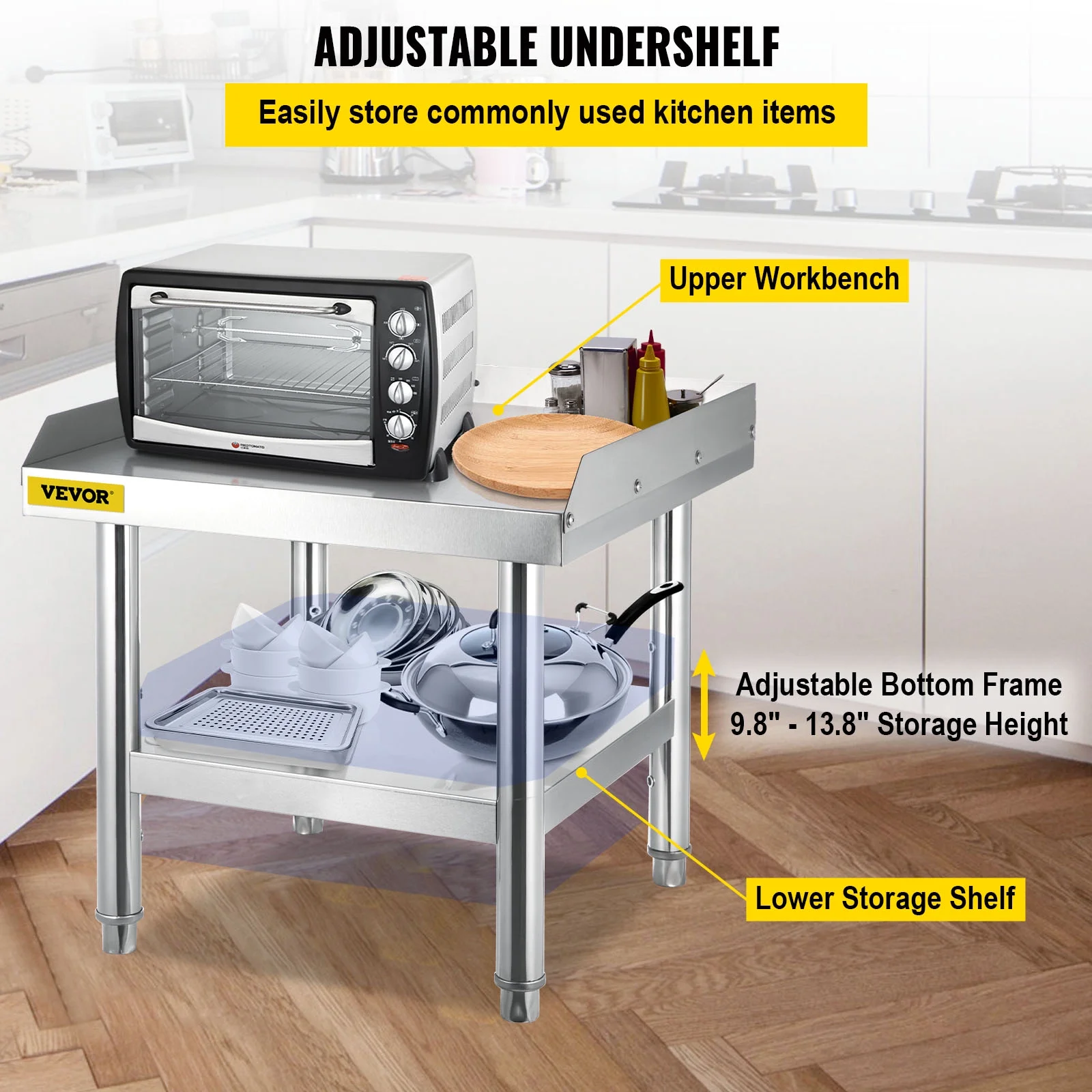VEVOR Stainless Steel Table, 24 x 24 Inch, Heavy Duty Prep & Work Metal Workbench with Adjustable Storage Under Shelf and Table Feet