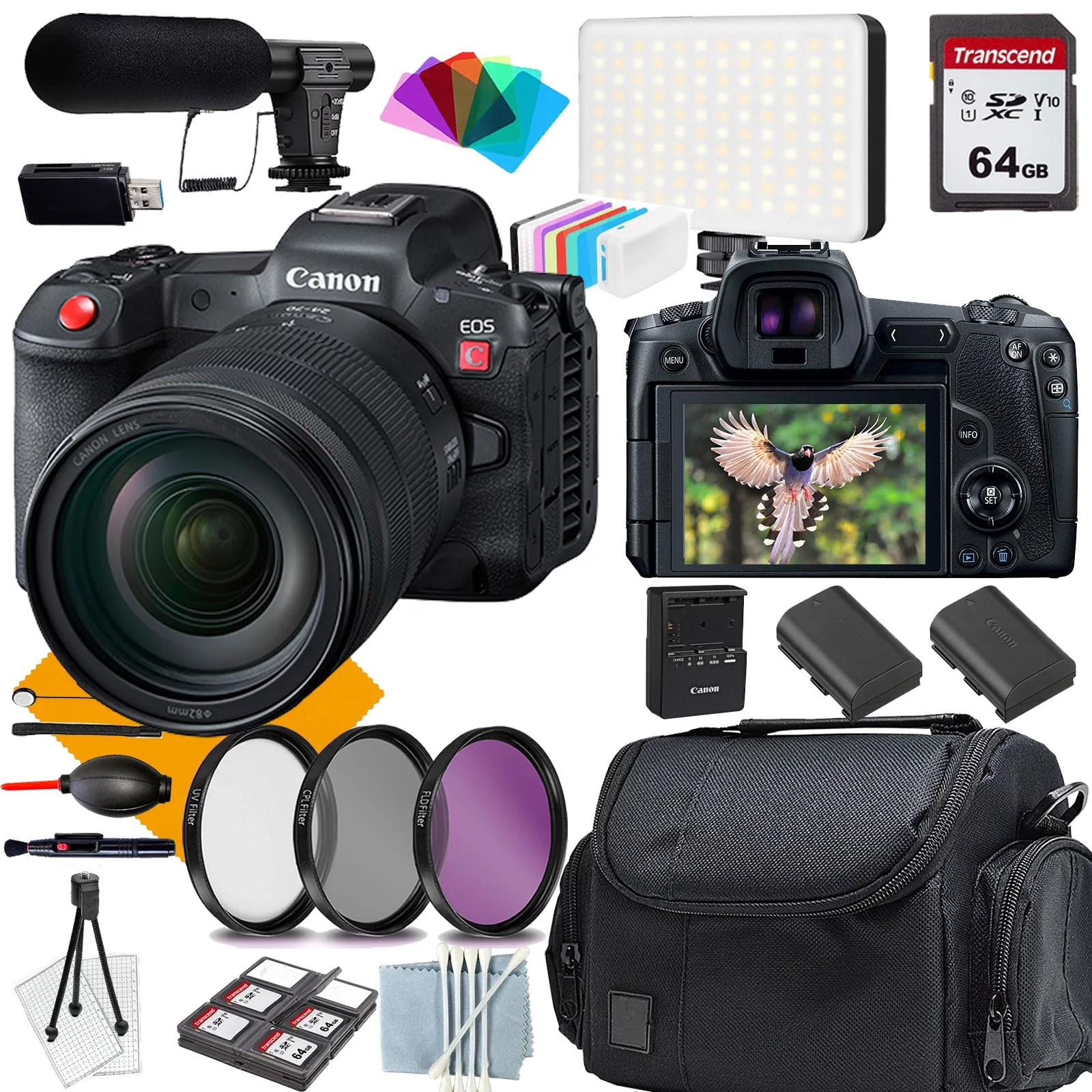 Canon EOS R5 C Mirrorless Cinema Camera 24-105STM Lens + COMMANDER Starter Kit + Lens Filters + CASE + 64GB Memory Card+Extra Battery+Shot-Gun