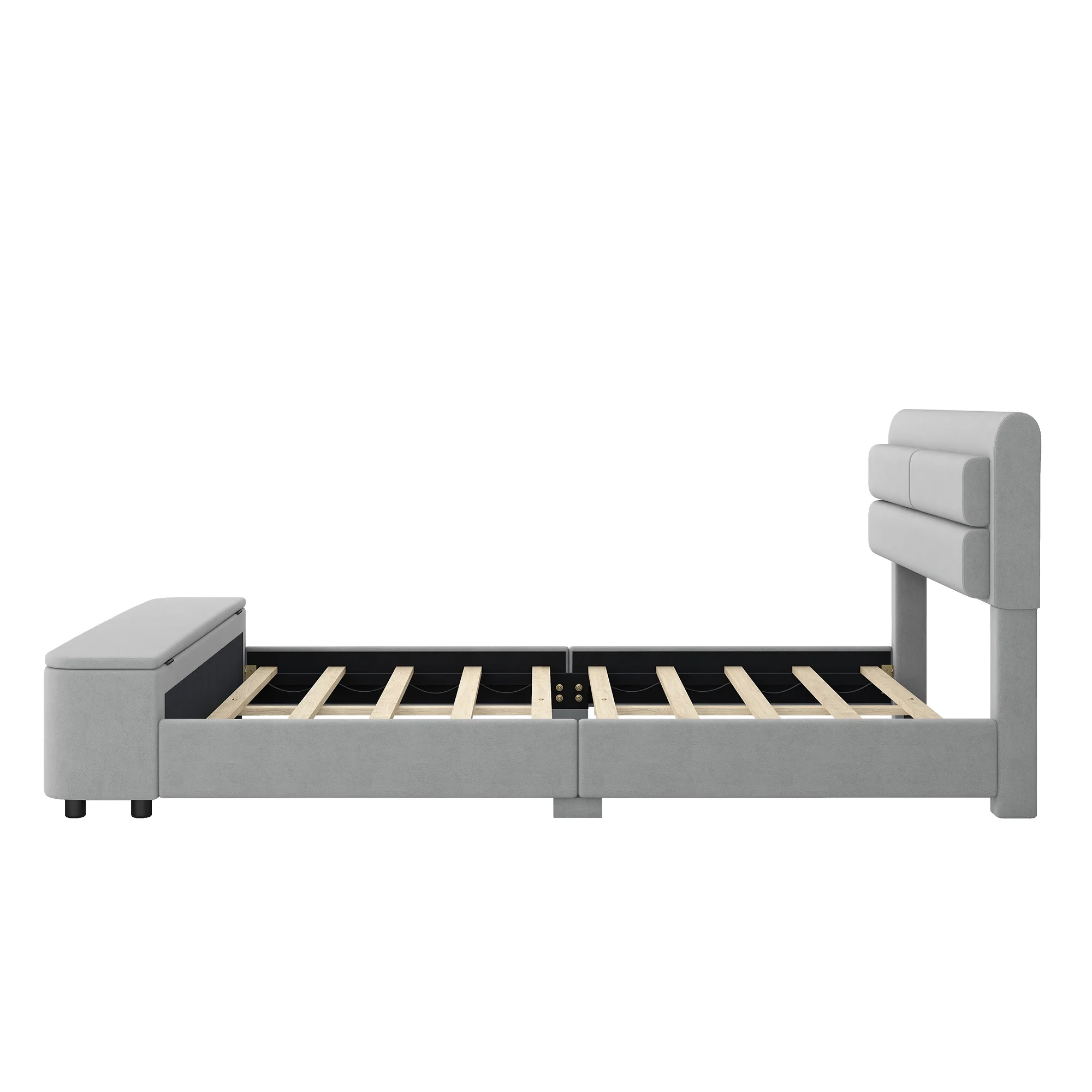 Dawn Whisper Queen Size Upholstery Platform Bed with Storage Headboard and Footboard, Support Legs, Grey