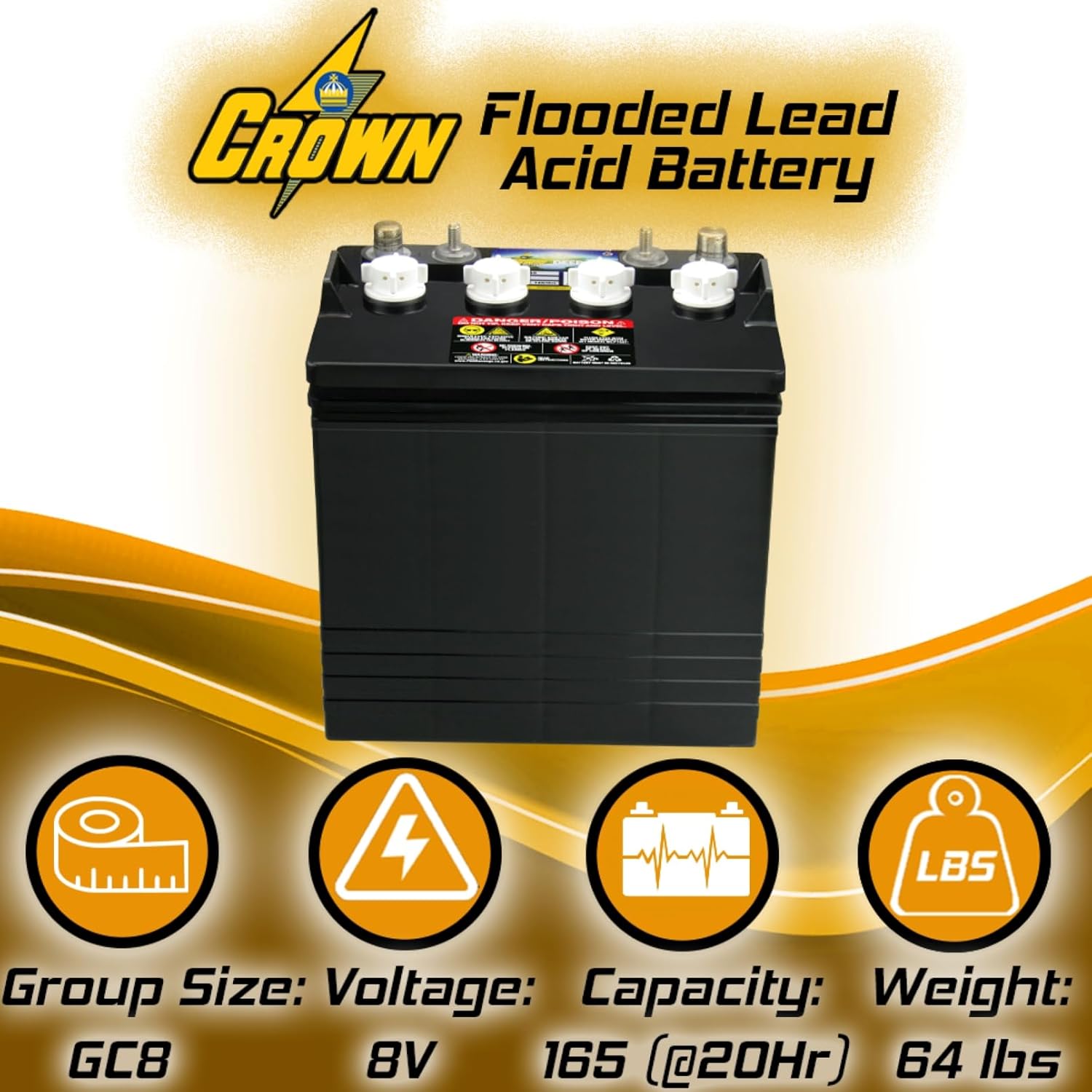 Crown CR-165 8V Deep-Cycle Flooded Battery replaces Trojan T-875 X4