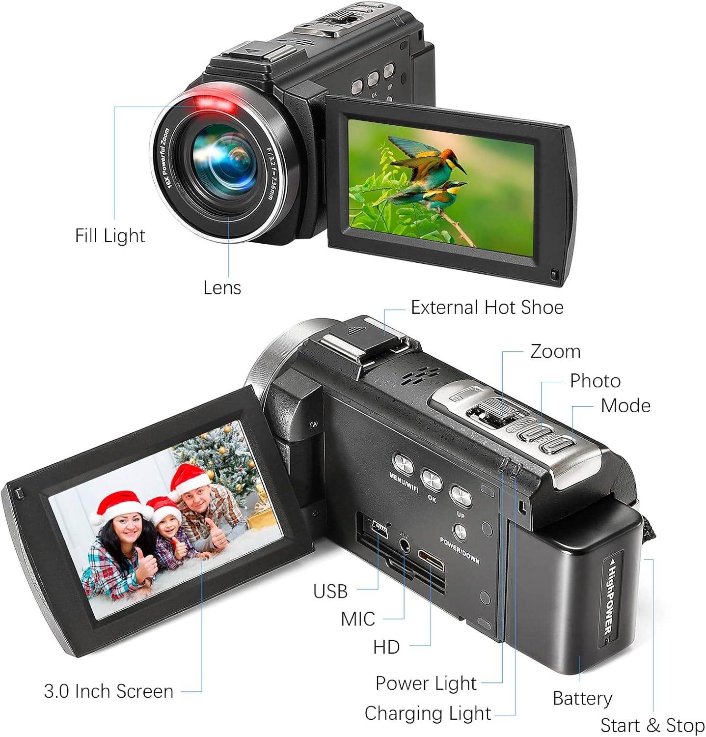 Camcorder 1080P Video Camera YEEHAO 36MP 3.0 Inch IPS Touch Screen IR Night Vision 16X Digital Zoom Camcorder with External Microphone Handheld