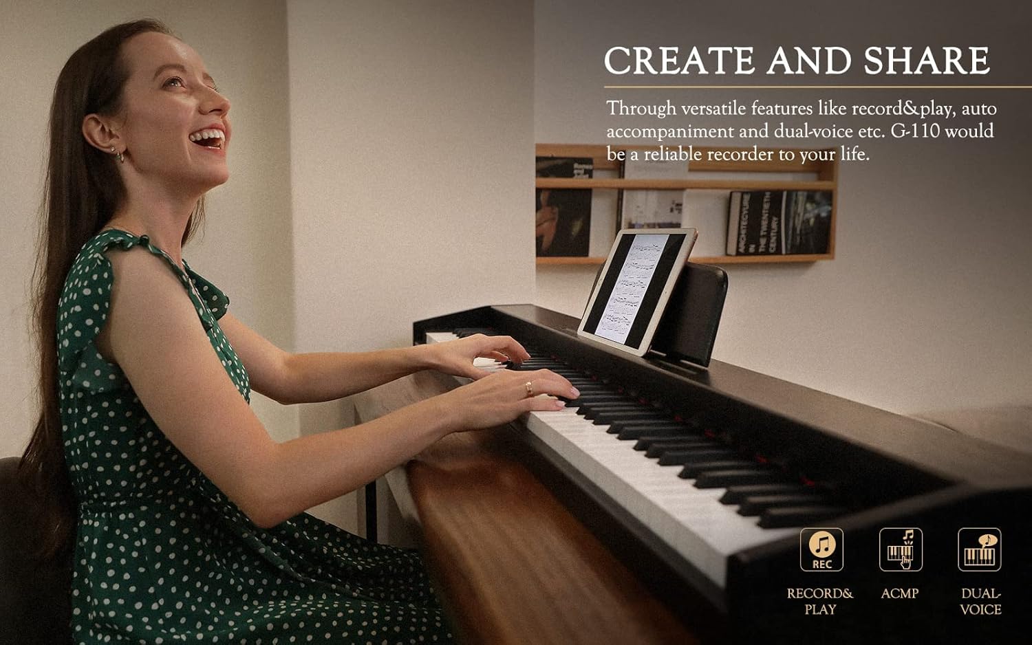 Souidmy G-110 Semi-Weighted Digital Piano Keyboard, Satin Wood Finishes, Premium Grand Piano Sound, 88-Key Full Size Keyboard with Sustain Pedal