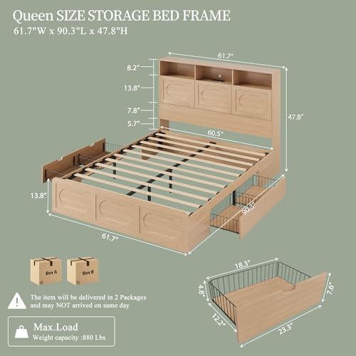 Queen Bed Frame with 47" Storage Headboard, Queen Size Wood Bed Frame with 4 Storage Drawers, Built-in Charging Station & LED, Solid Wood Slats