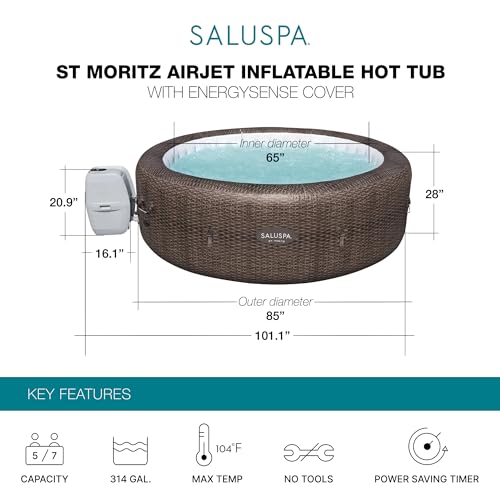 Bestway SaluSpa St Moritz Large Round AirJet 7 Person Inflatable Hot Tub Portable Outdoor Spa with 180 Soothing AirJets and Cover, Brown