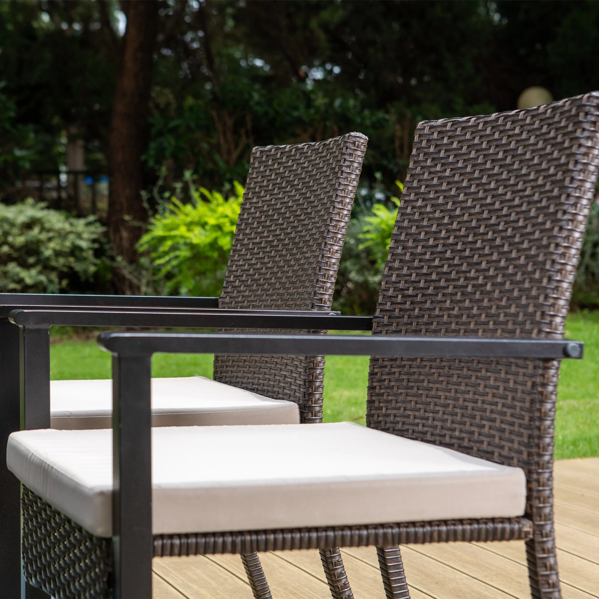 Summit Living 9-Piece Outdoor Dining Set with Wood Grain Table & Wicker Cushioned Chairs for 8-Person, Black & Beige
