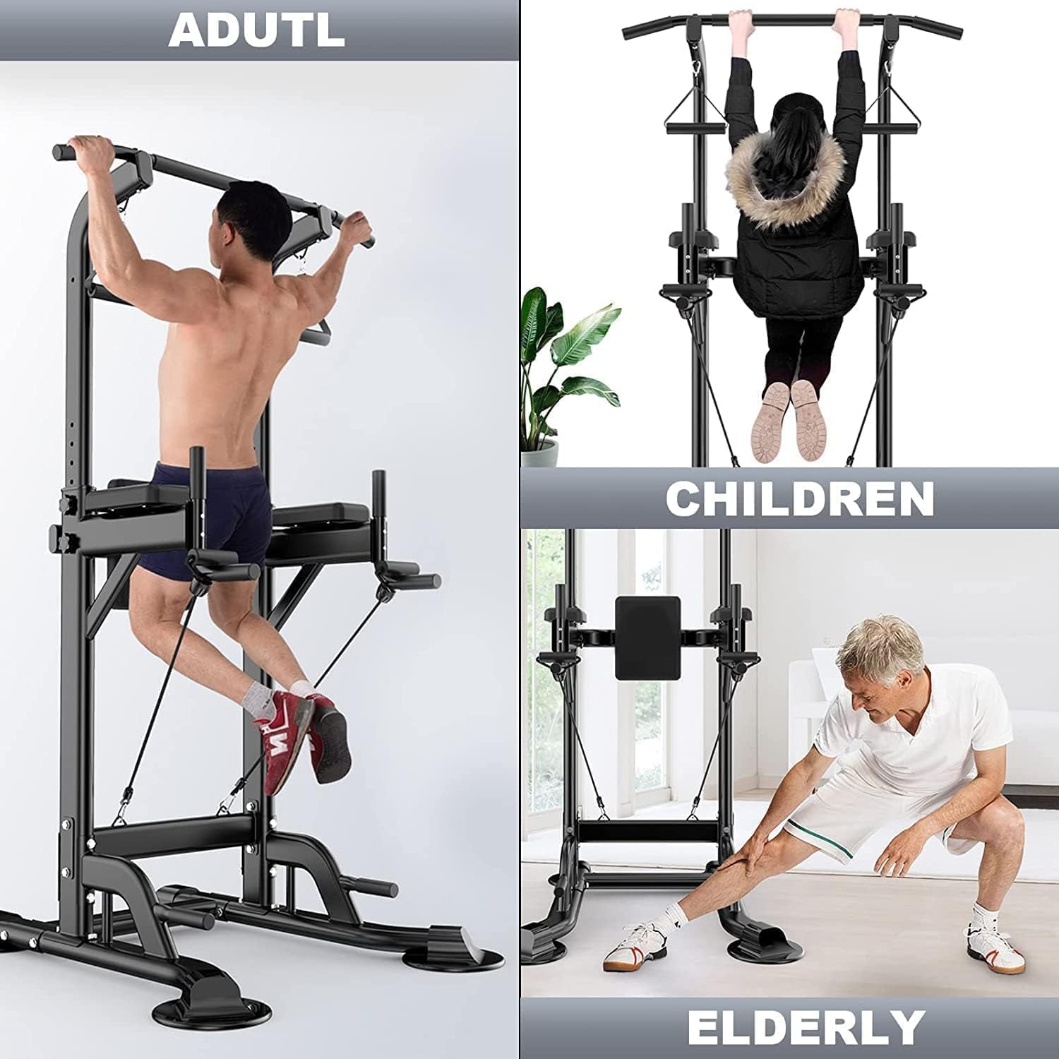 Power Tower Pull Up Bar Stand for Home Adjustable Height Dip Station Workout Equipment Multi-Function Strength Training Exercise Equipment 330LBS for