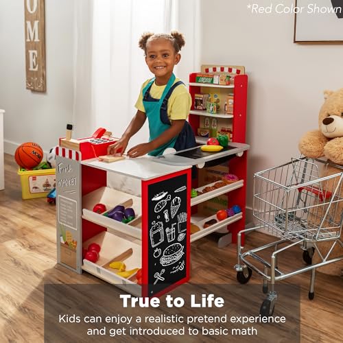 Best Choice Products Pretend Play Grocery Store Wooden Supermarket Toy Set for Kids w/Play Food, Chalkboard, Cash Register, Working Conveyor - Red
