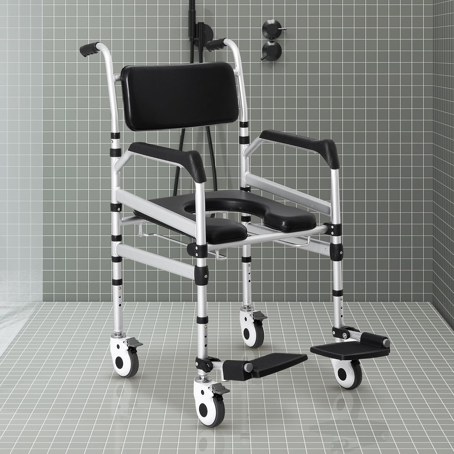 Houseables Shower Chair with Wheels, Shower Wheelchair, Rolling Shower Chair, Shower Commode Wheelchair, Bedside Toilet Chair for Elderly