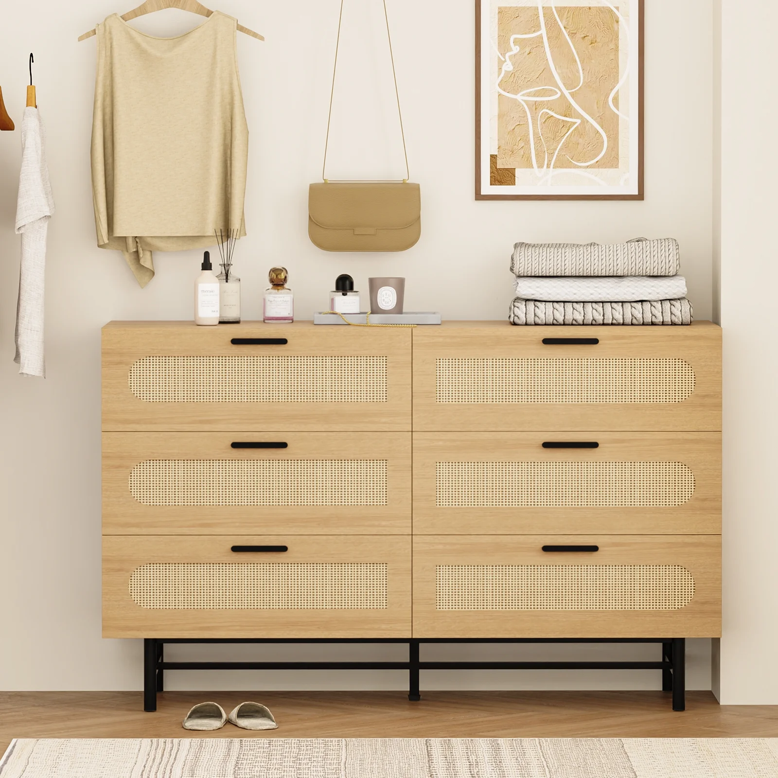 REHOOPEX 6 Drawer Dresser for Bedroom, Natural Rattan Chest of Drawers, Wood Storage Dressers