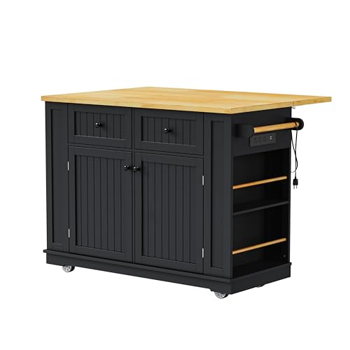 Rolling Kitchen Island with Drop Leaf & Power Outlet, Large Kitchen Islands Cart on Wheels