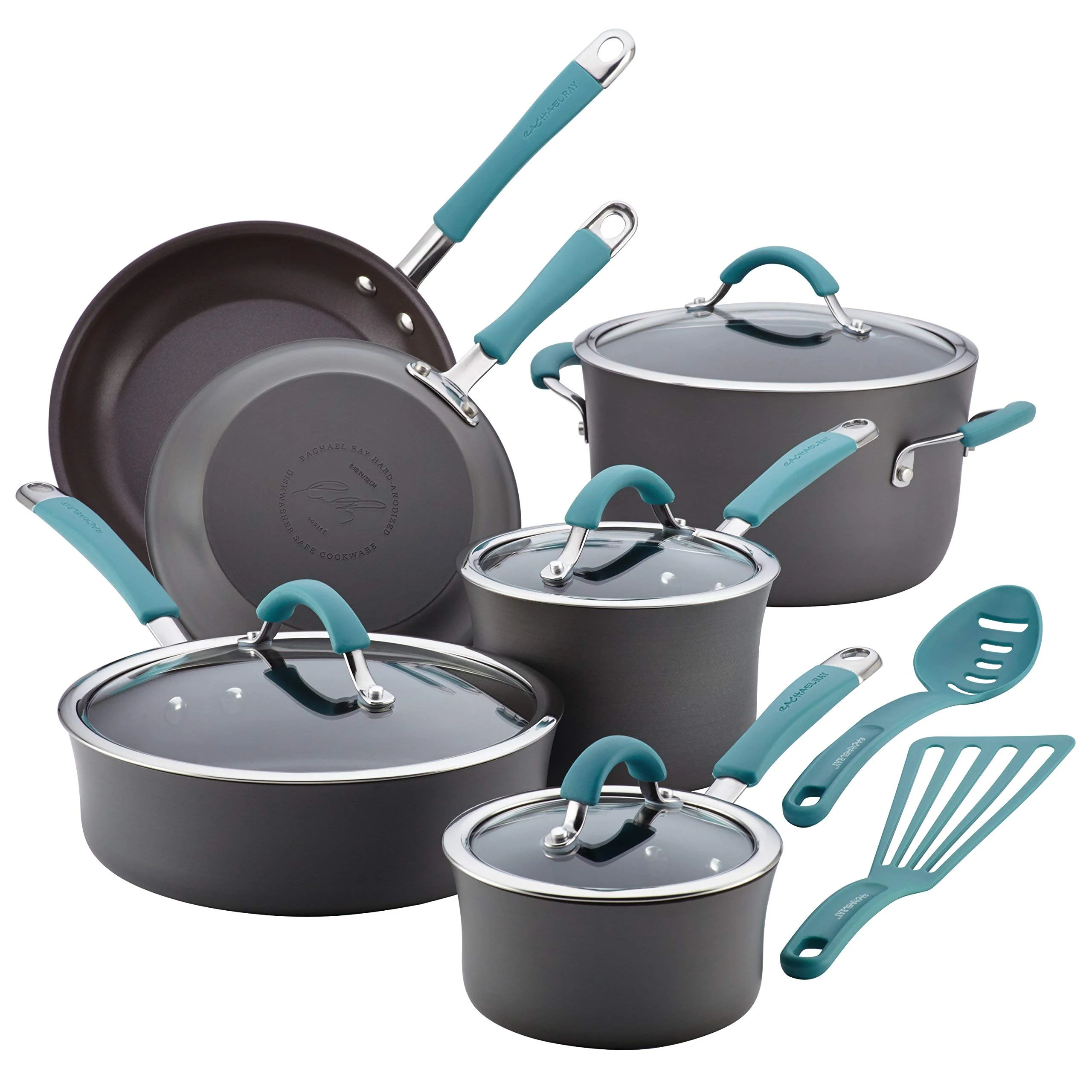 Rachael Ray Cucina Hard Anodized Nonstick Cookware Pots and Pans Set, 12 Piece, Gray with Blue Handles - Radiant Selections