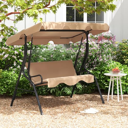 Tangkula 3 Person Porch Swing, Patio with Removable Cushion & Powder-Coated Steel Frame, Outdoor Swing with Canopy for Porch, Backyard, Garden