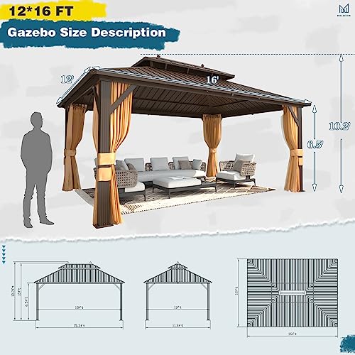 MELLCOM 10'x13' Hardtop Gazebo with Polycarbonate Double Roof, Aluminum Frame Outdoor Gazebo Permanent Pavilion with Curtains and Netting for Patio