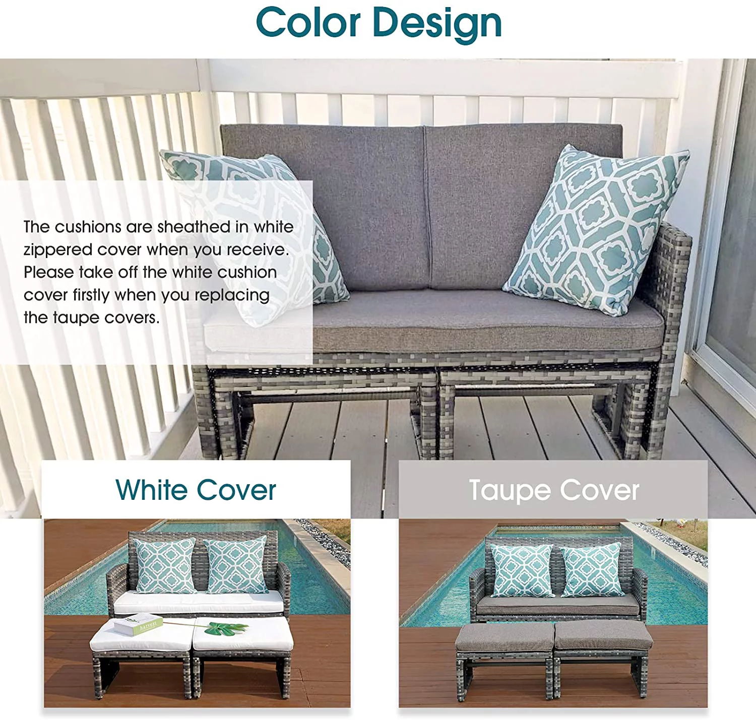 Outdoor Loveseat Patio Furniture Rattan Conversation Set with Ottoman, White Cushions, Grey Wicker, Pillows Included