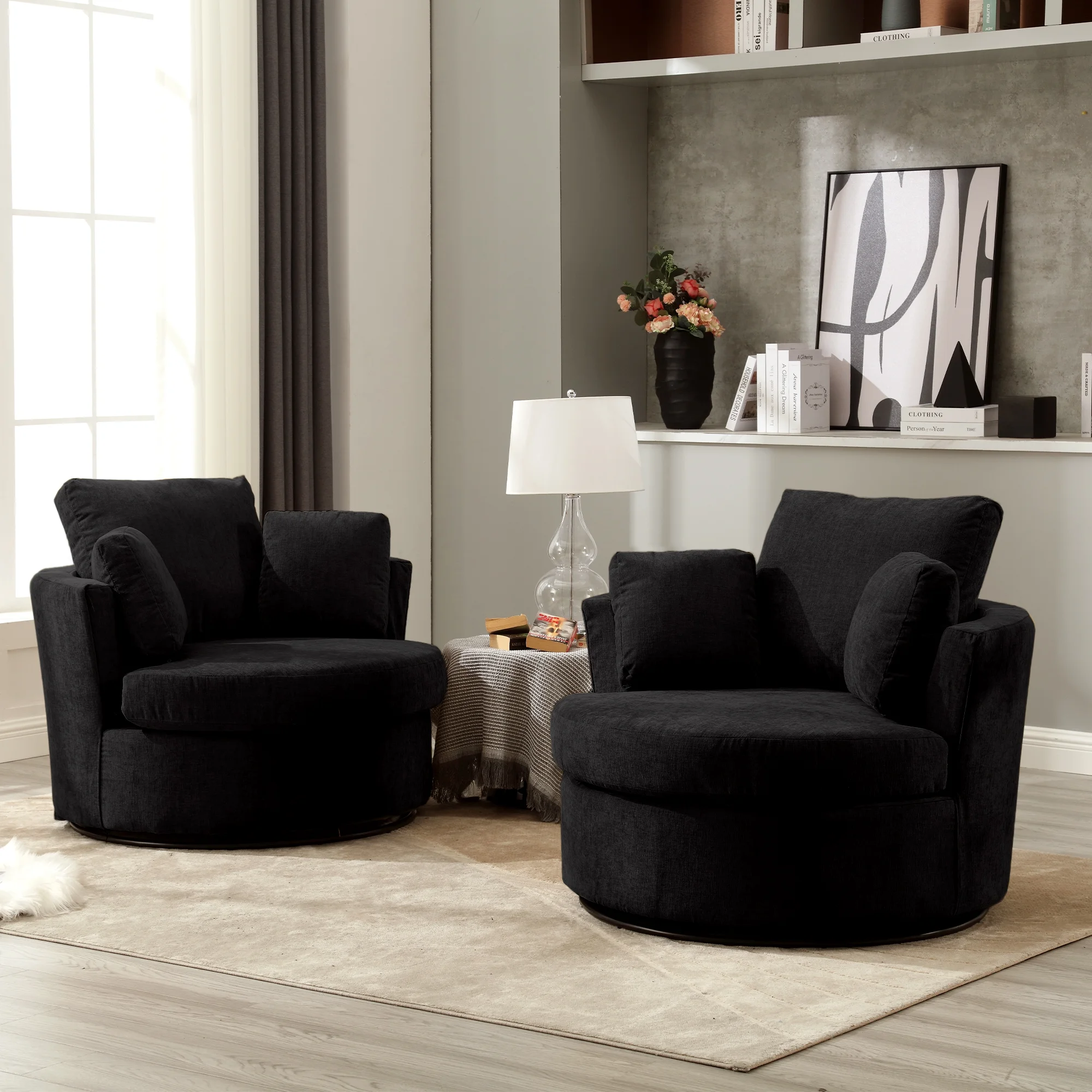 Muumblus Chenille Swivel Accent Chair Barrel Chair, Oversized Comfy Armchair with Pillows, Modern Leisure Sofa Chair for Living Room Bedroom, Black