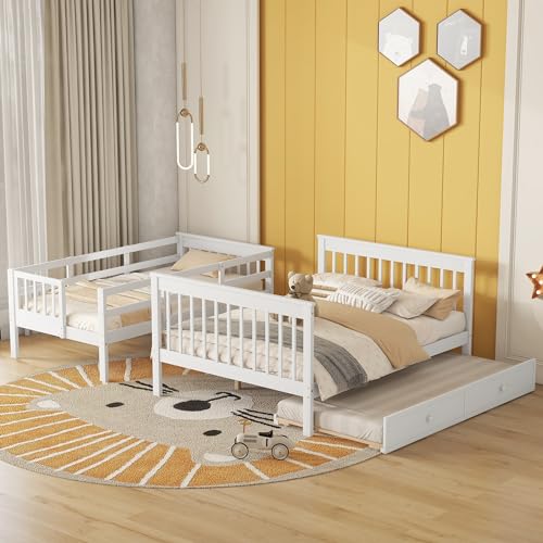Ball & Cast Full Over Full Bunk Bed with Twin Size Trundle and Built in 4 Drawer,Wood Bunkbed w/Storage Ladder & Slat Support
