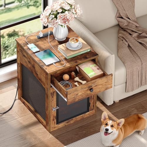 HOOBRO Dog Crate Furniture, Dog Kennel with Drawer and Charging Station, Indoor Decorative Puppy House, Wooden Pet Crate End Table for Small Dogs