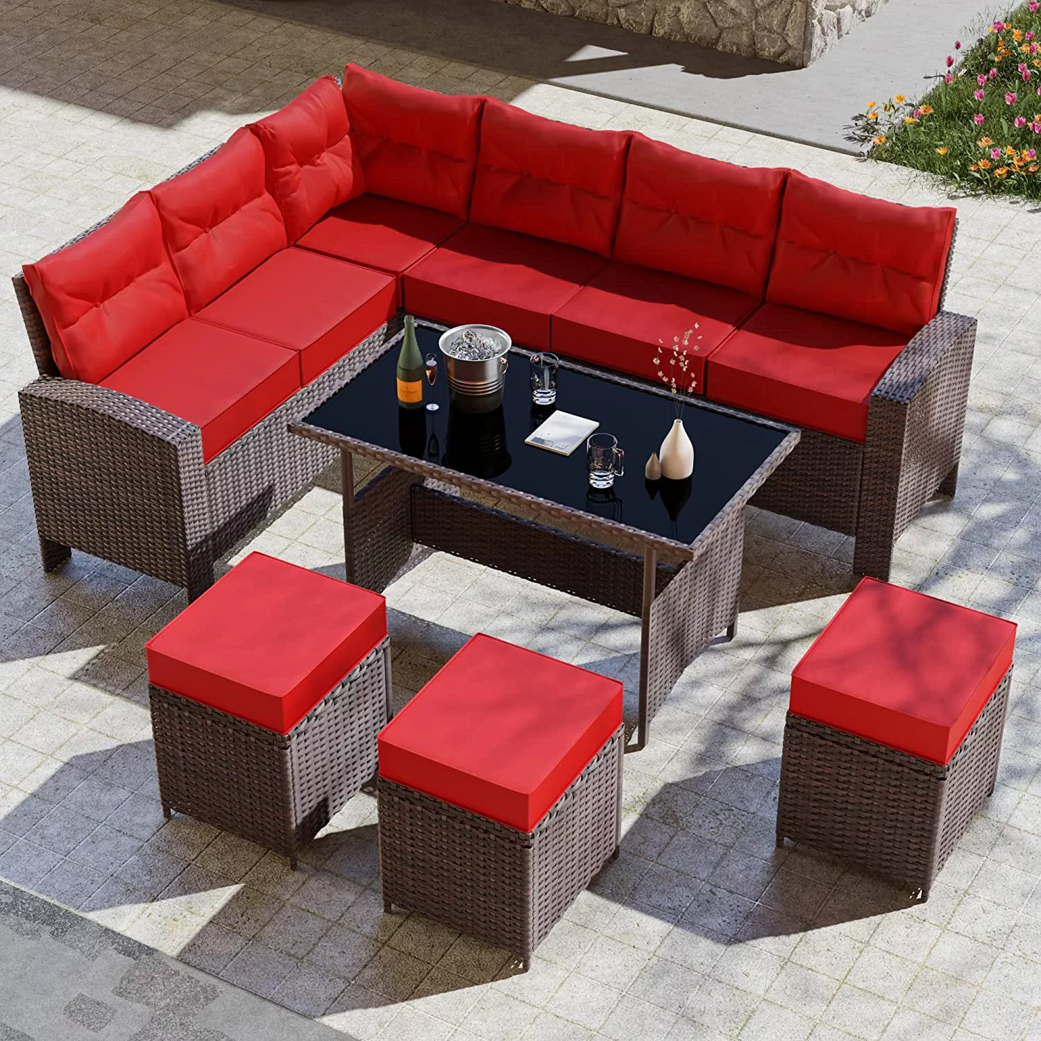 Gotland 7 Piece Outdoor Patio Furniture Set All-Weather Wicker Rattan Sofa Set Outdoor Sectional Conversation Set with 3 Loveseats