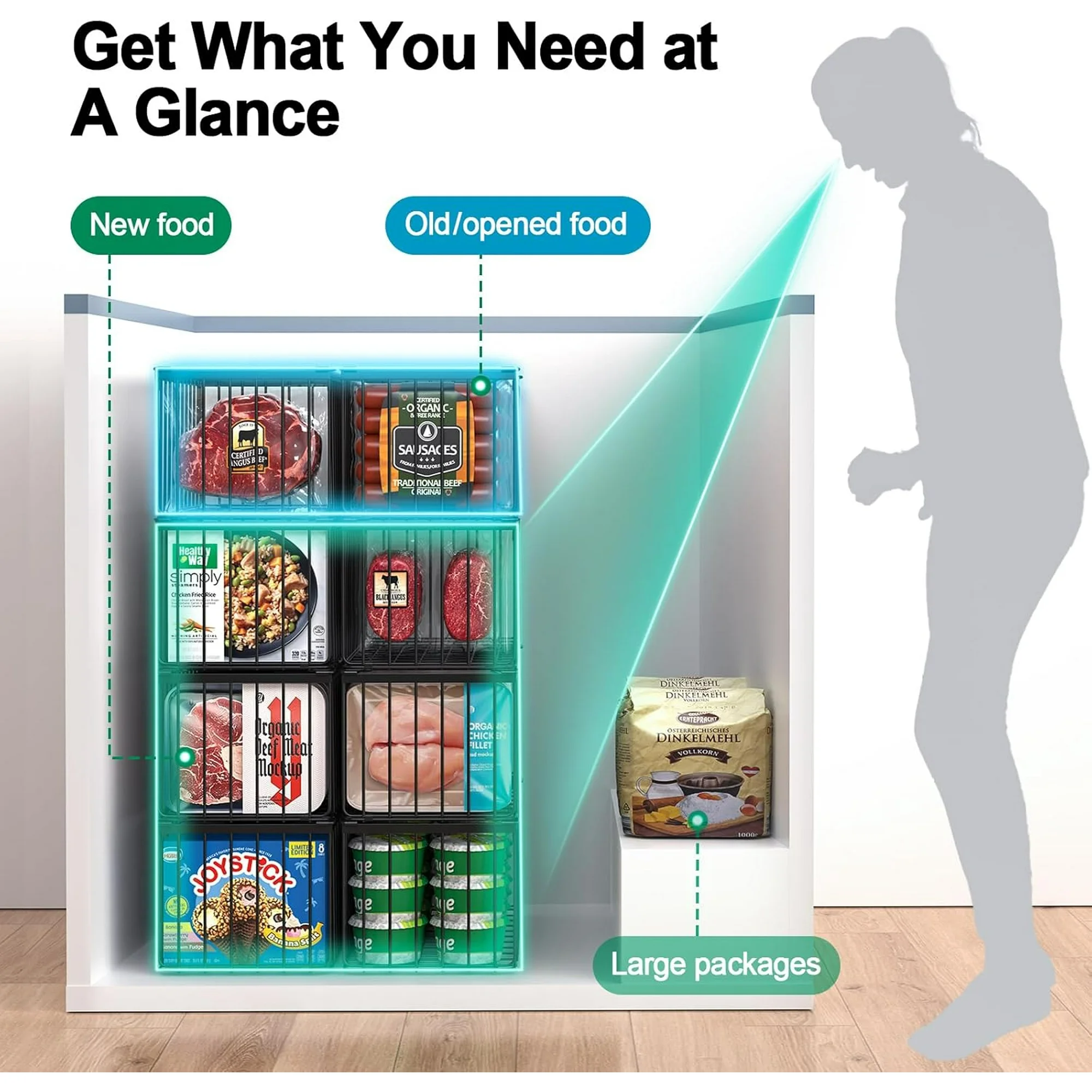 Organizer Bins, 4 Pack Stackable Deep Chest Freezer Organizer Bins, Foldable Baskets with Handles