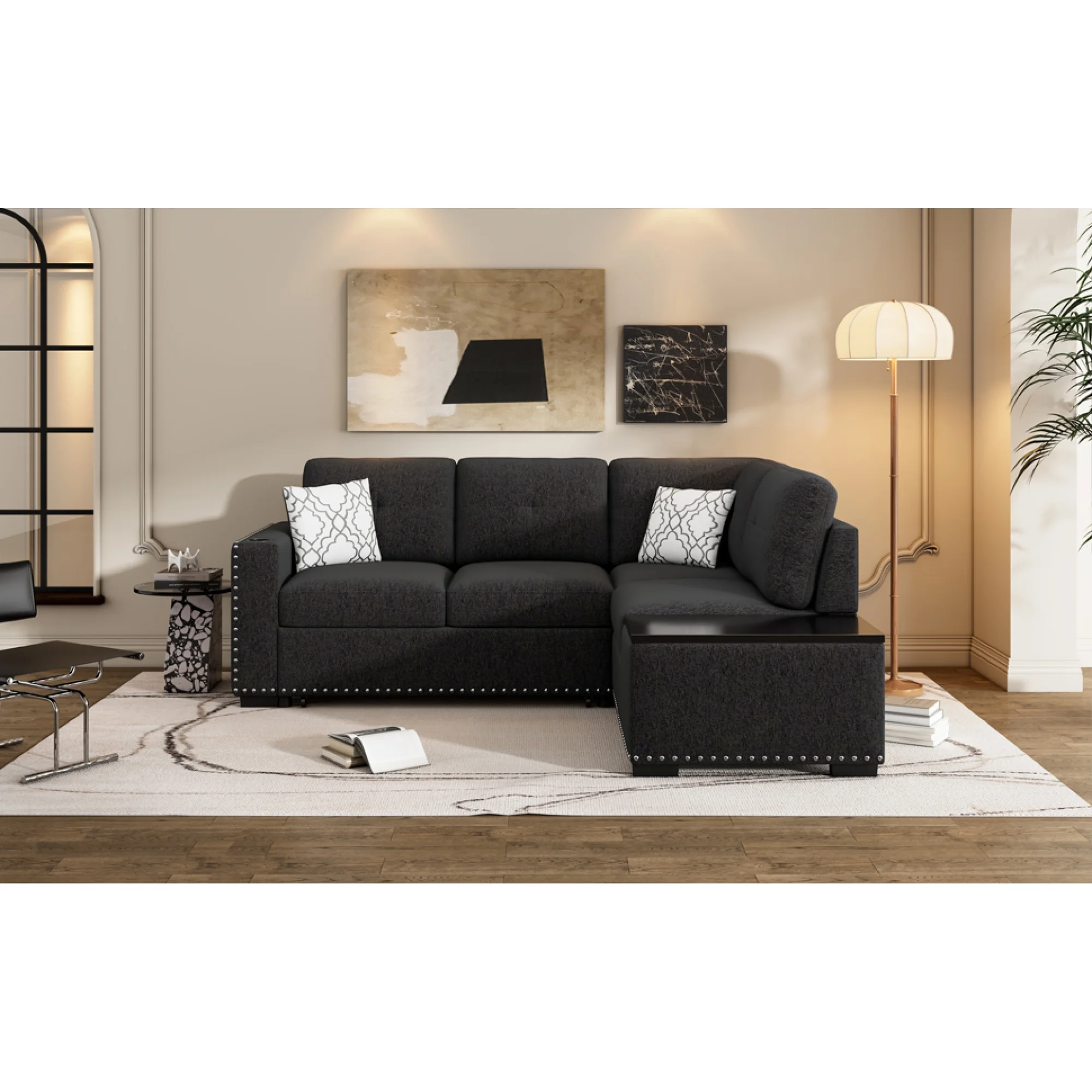 Reversible Sectional Pull-Out Sofa Bed L-Shaped Corner with Storage Chaise, Black