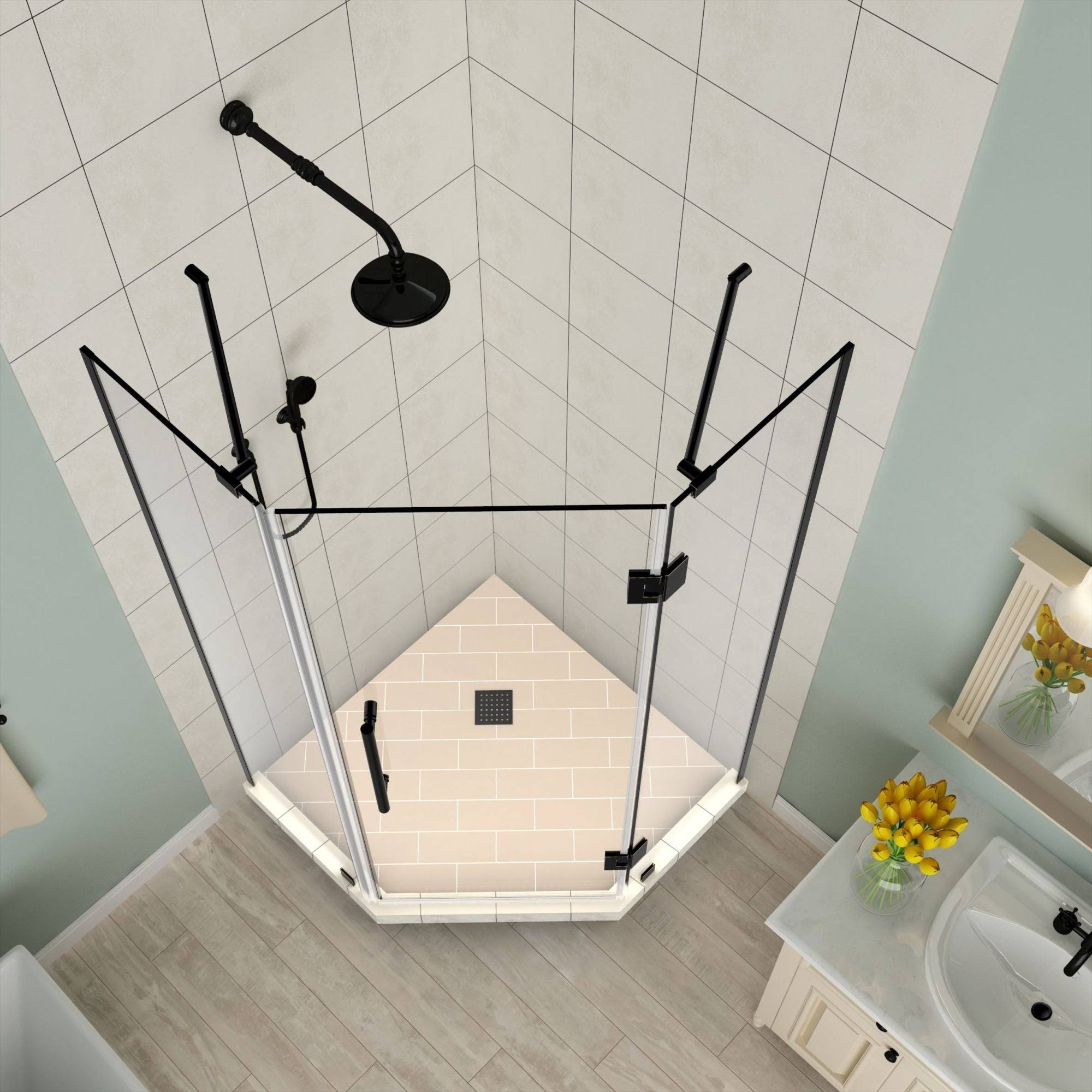Aston Merrick 42 in. to 42.5 in. x 72 in. Frameless Hinged Neo-Angle Shower Enclosure in Stainless Steel