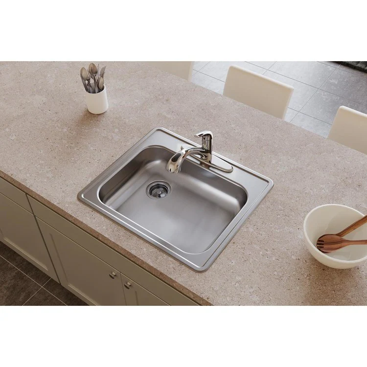 Kitchen Sink Dayton 25 x 22 Inch Single Bowl 3 Hole ADA Satin Drop-In Rectangle Drain Location Rear Left Depth 5-3/8 Inch Bottom Only Pads