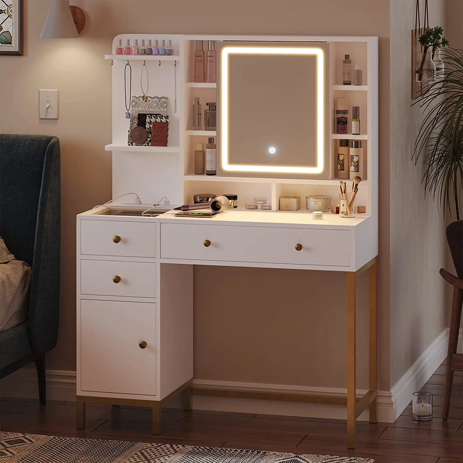 Vanity Table with Charging Station, Makeup Desk with Lights in 3 Colors, White - Radiant Selections