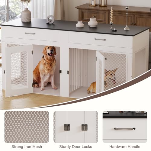 71 Inch Dog Crate Furniture for 2 Dogs, XXL Double Cage with Removable Divider & Large Doors, Heavy Duty Wooden Dog Kennel, Indoor Pet House (Black