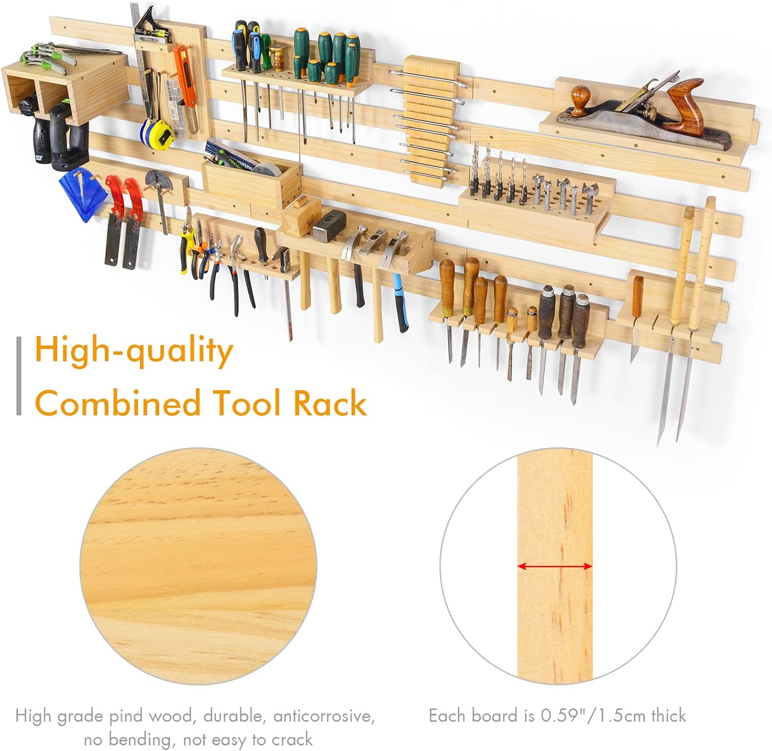 Ikkle Pine Pegboard Organizer Garage Wall Storage, Wood Panel Tool Organizer Kit Peg Board Panel with Power Tool Screwdriver  Holder for Workshop