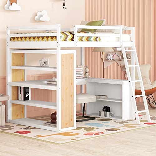 Twin Loft Bed with Staircase, Desk and Wardrobe, Wood Loft Bed with Storage Shelves and Safety Guardrail
