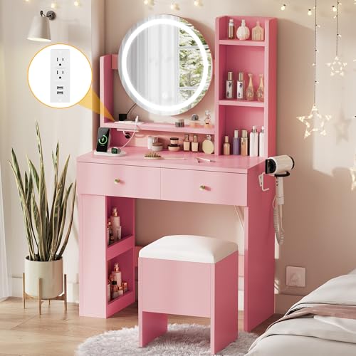 DWVO Vanity Desk with Mirror and Lights, Makeup Vanity Table Set with Power Outlets and Chair, 3 Lighting Colors