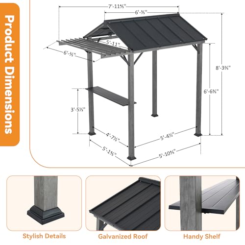 Hardtop Grill Gazebo 6'x12'with Side Shelf, Outdoor Gazebo with Bottle Opener & Hooks
