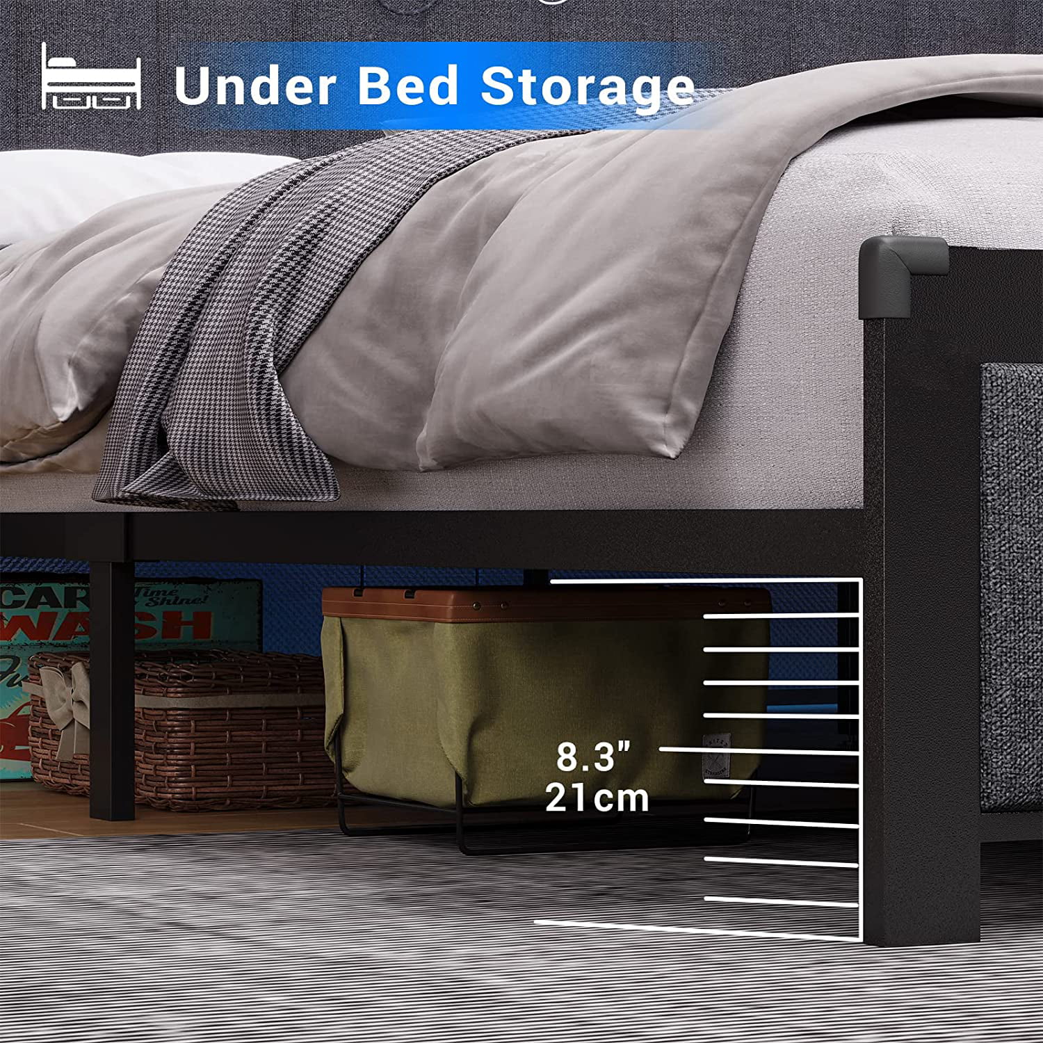 ADORNEVE Queen LED Bed Frame with Storage Headboard, Upholstered Platform Bed with Outlets and USB Ports, No Box Spring Needed, Dark Grey