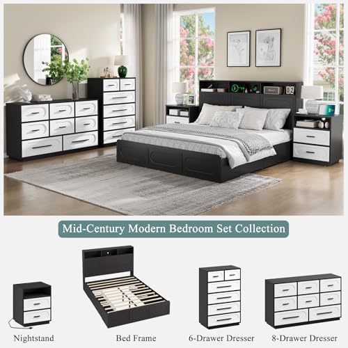 Queen Bed Frame with 47" Storage Headboard, Queen Size Wood Bed Frame with 4 Storage Drawers, Built-in Charging Station & LED, Solid Wood Slats