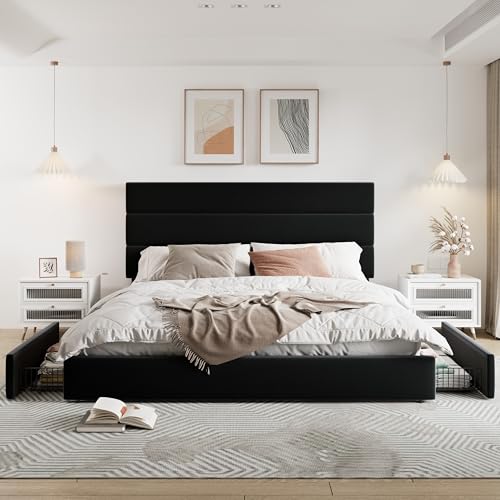 Allewie Modern Full Size Platform Bed Frame with 4 Storage Drawers and Velvet Upholstered Headboard, Wooden Slats Support