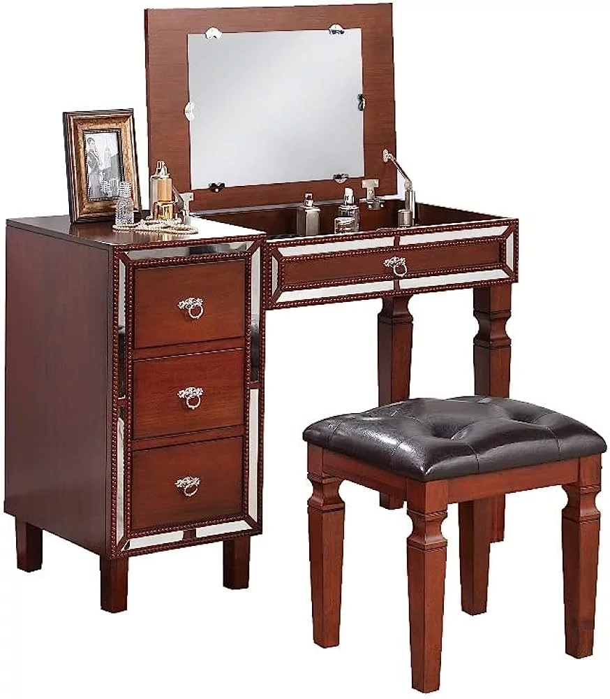 CoSoTower Traditional Formal Cherry Color Vanity Set W Stool Storage Drawers 1PC Bedroom Furniture Set Tufted Seat Stool