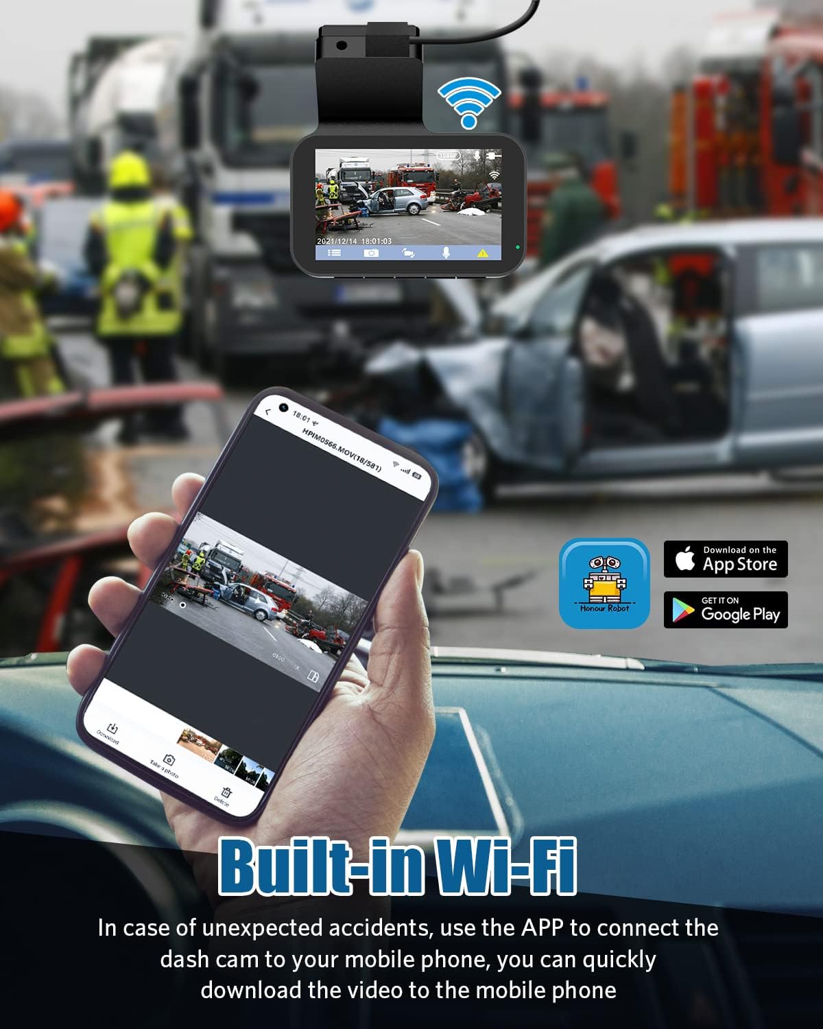 Dash Cam, Dash Camera for Cars Dashcam Car Camera Dashboard, 1080P Full HD, Built-in WiFi, 3 Inch IPS Screen, 150° Wide Angle, Night Vision, WDR