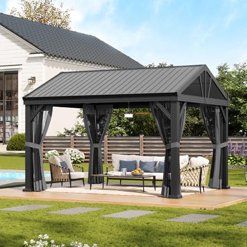Aoxun 10' X 12' Hardtop Gazebo, Aluminum Outdoor Gazebo with Galvanized Steel Gable Roof Canopy, Patio Permanent Metal Pavilion with Netting