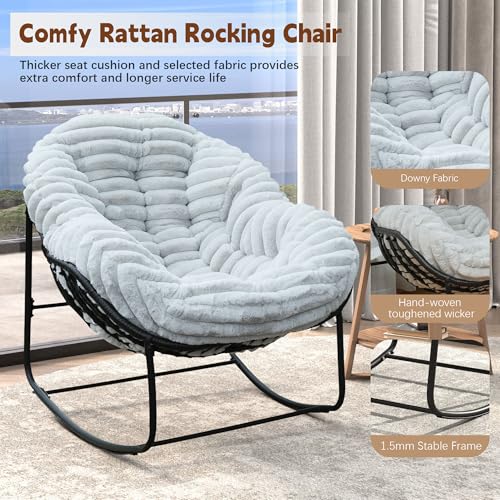 Outdoor Indoor Rocking Chair, Patio Wicker Egg Chair, Indoor & Outdoor Comfy Oversized Papasan Chair with Padded Cushion