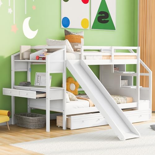 Harper & Bright Designs Bunk Beds Twin Over Full Size, Bunk Bed with Trundle,Storage Shelf and Stairway