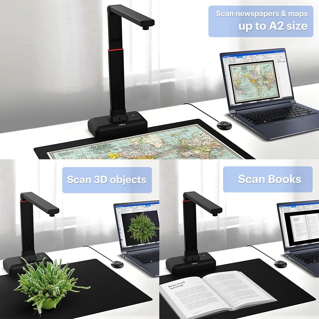 VIISAN A2 Large Format Overhead Book & Document Scanner, 23MP High Resolution, Auto-Flatten & Fingerprint Removal Technologies