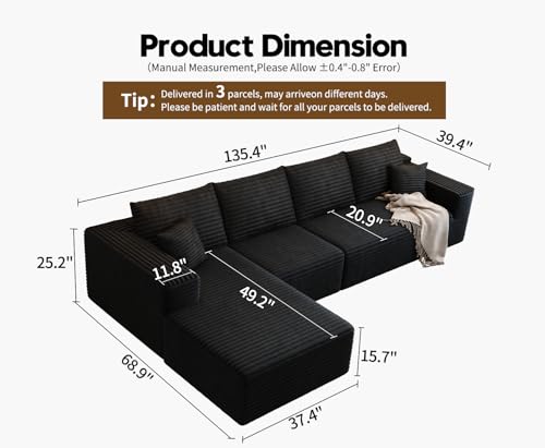 107.5" Cloud Modular Sectional Sofa with 1 Ottoman,Modern Minimalist Upholstered Couches, Comfort U Shaped Sofa for Living Room