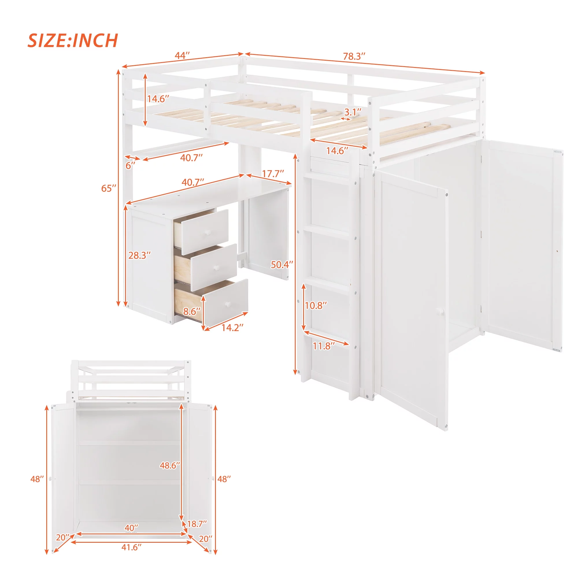 Wooden Twin Size Loft Bed for Kids, Twin Loft Bed with Drawers, Desk, Wardrobe, Ladder & Safety Rails