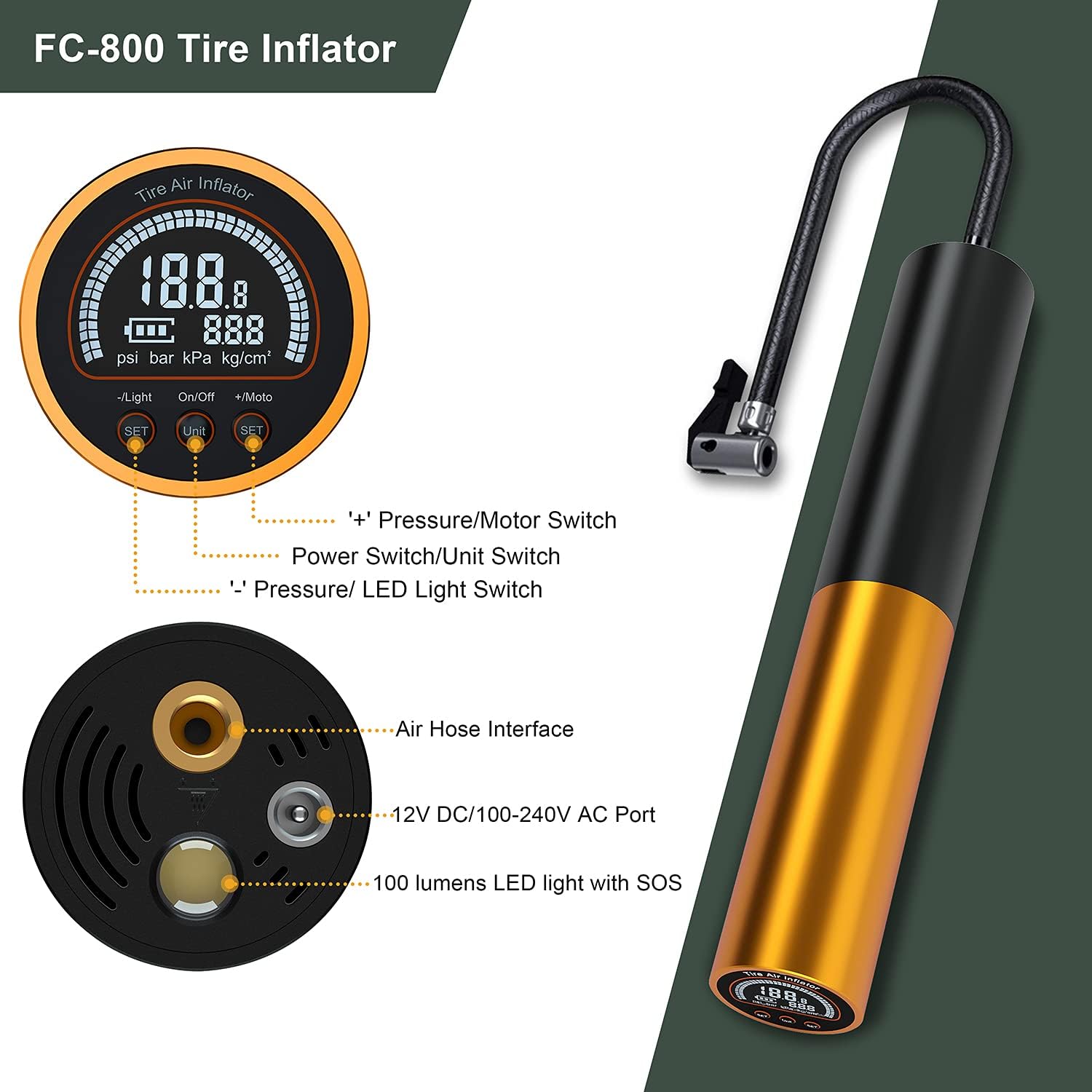 AUTDER Bike Tire Pump - 3000mAh Portable Air Pump with Digital Pressure Gauge and Auto-Off Function, 140PSI Wireless Rechargeable Air Compressor