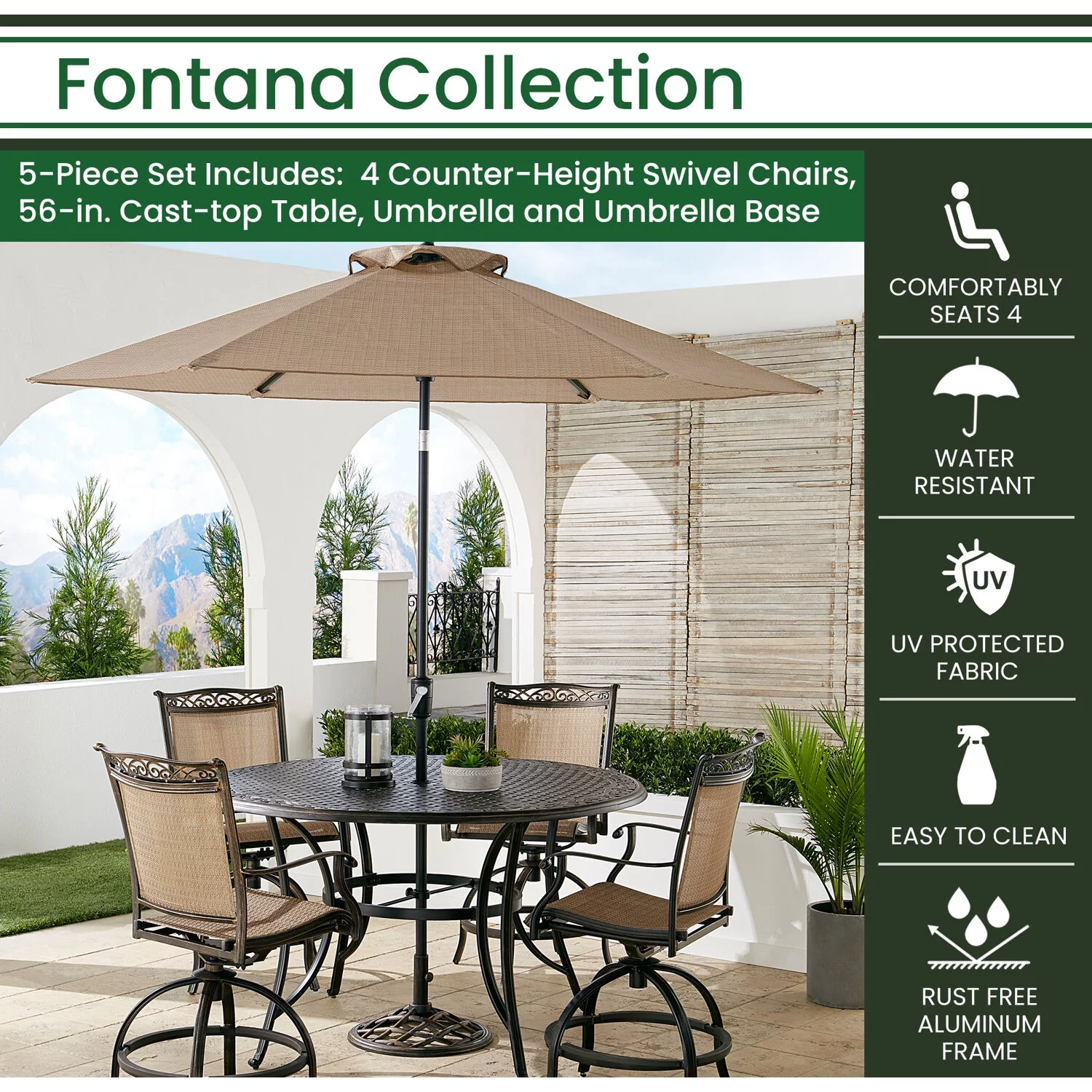 Hanover Fontana 5-Piece High-Dining Set in Tan with 4 Counter-Height Swivel Chairs, 56-in. Cast-top Table, Umbrella and Umbrella Base