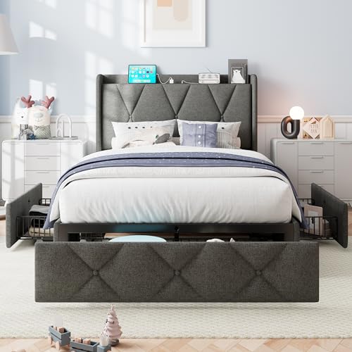 iPormis Queen Bed Frame with 4 Storage Drawers, Upholstered Platform Bed Frame with Charging Station, Modern Wingback Storage Headboard